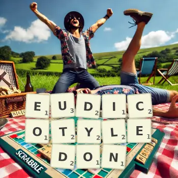 Creative illustration for a Scrabble game with the word EUDICOTYLEDON spelled out in tiles on the board.