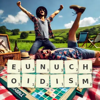 Creative illustration for a Scrabble game with the word EUNUCHOIDISM spelled out in tiles on the board.