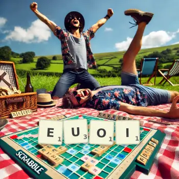 Creative illustration for a Scrabble game with the word EUOI spelled out in tiles on the board.