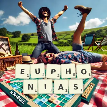 Creative illustration for a Scrabble game with the word EUPHONIAS spelled out in tiles on the board.