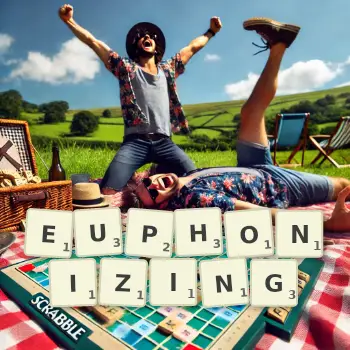 Creative illustration for a Scrabble game with the word EUPHONIZING spelled out in tiles on the board.