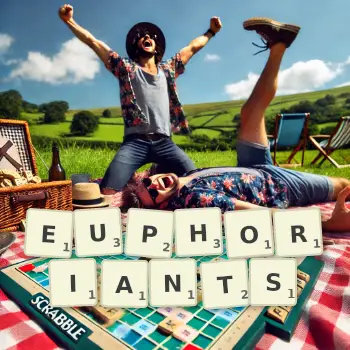 Creative illustration for a Scrabble game with the word EUPHORIANTS spelled out in tiles on the board.