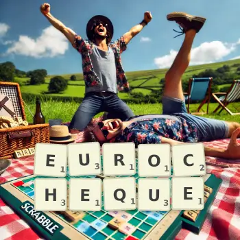 Creative illustration for a Scrabble game with the word EUROCHEQUE spelled out in tiles on the board.
