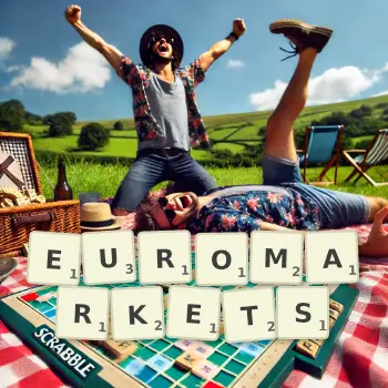 Creative illustration for a Scrabble game with the word EUROMARKETS spelled out in tiles on the board.