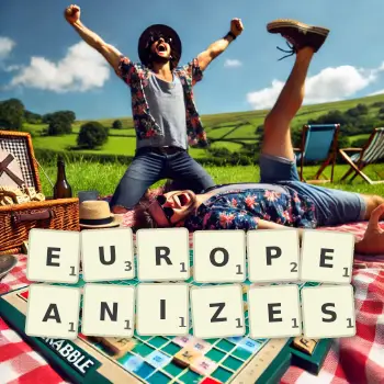 Creative illustration for a Scrabble game with the word EUROPEANIZES spelled out in tiles on the board.