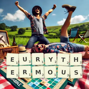 Creative illustration for a Scrabble game with the word EURYTHERMOUS spelled out in tiles on the board.
