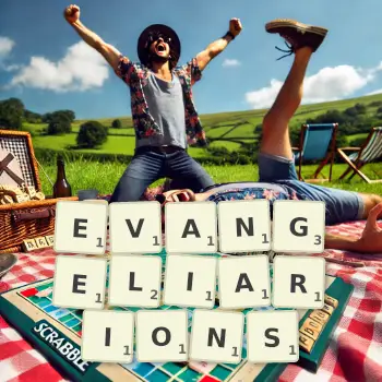 Creative illustration for a Scrabble game with the word EVANGELIARIONS spelled out in tiles on the board.