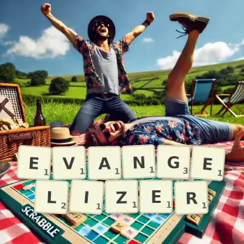 Creative illustration for a Scrabble game with the word EVANGELIZER spelled out in tiles on the board.