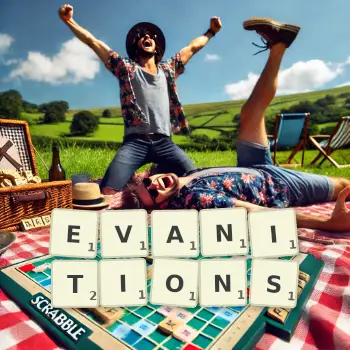 Creative illustration for a Scrabble game with the word EVANITIONS spelled out in tiles on the board.