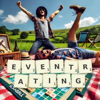 Creative illustration for a Scrabble game with the word EVENTRATING spelled out in tiles on the board.
