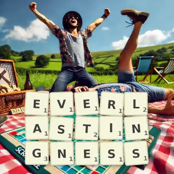 Creative illustration for a Scrabble game with the word EVERLASTINGNESS spelled out in tiles on the board.