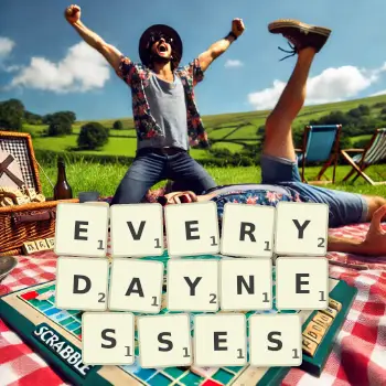 Creative illustration for a Scrabble game with the word EVERYDAYNESSES spelled out in tiles on the board.