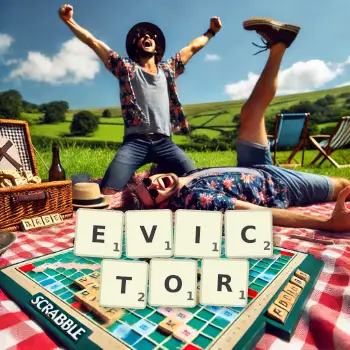 Creative illustration for a Scrabble game with the word EVICTOR spelled out in tiles on the board.