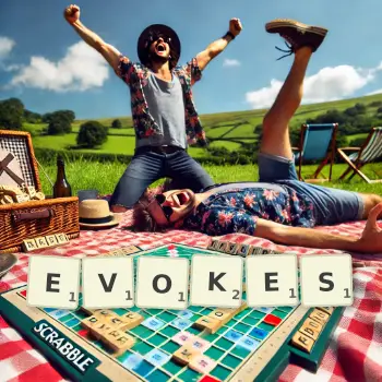 Creative illustration for a Scrabble game with the word EVOKES spelled out in tiles on the board.