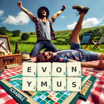 Creative illustration for a Scrabble game with the word EVONYMUS spelled out in tiles on the board.