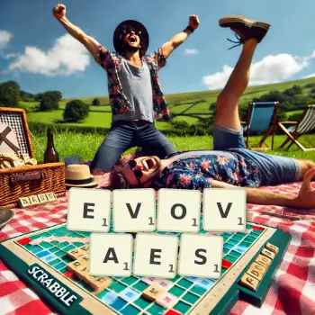 Creative illustration for a Scrabble game with the word EVOVAES spelled out in tiles on the board.
