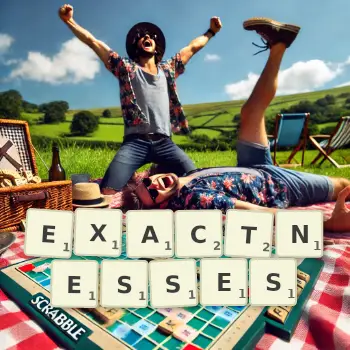 Creative illustration for a Scrabble game with the word EXACTNESSES spelled out in tiles on the board.