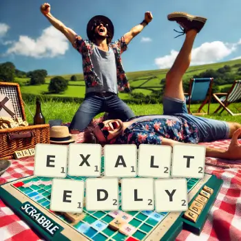 Creative illustration for a Scrabble game with the word EXALTEDLY spelled out in tiles on the board.