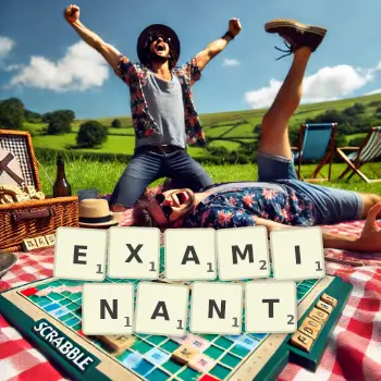 Creative illustration for a Scrabble game with the word EXAMINANT spelled out in tiles on the board.