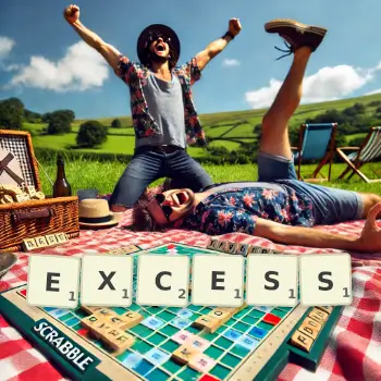 Creative illustration for a Scrabble game with the word EXCESS spelled out in tiles on the board.