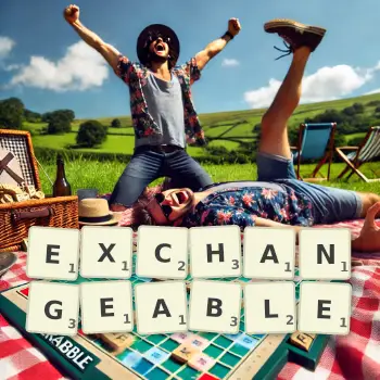 Creative illustration for a Scrabble game with the word EXCHANGEABLE spelled out in tiles on the board.