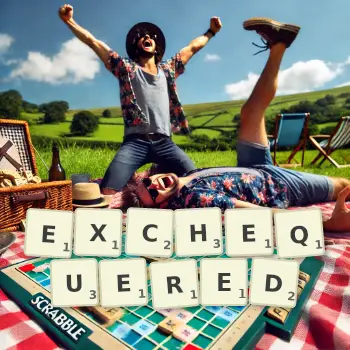 Creative illustration for a Scrabble game with the word EXCHEQUERED spelled out in tiles on the board.