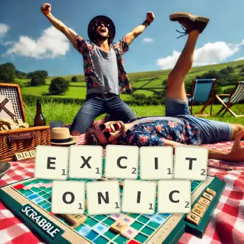 Creative illustration for a Scrabble game with the word EXCITONIC spelled out in tiles on the board.