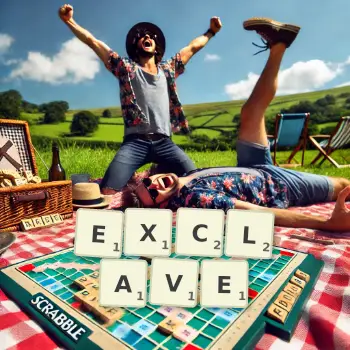 Creative illustration for a Scrabble game with the word EXCLAVE spelled out in tiles on the board.