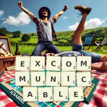 Creative illustration for a Scrabble game with the word EXCOMMUNICABLE spelled out in tiles on the board.