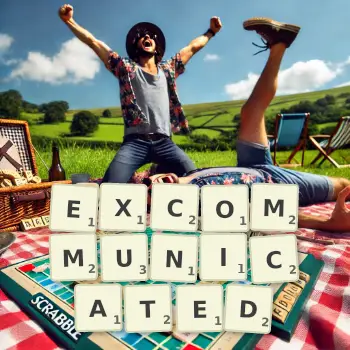 Creative illustration for a Scrabble game with the word EXCOMMUNICATED spelled out in tiles on the board.