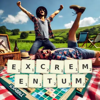Creative illustration for a Scrabble game with the word EXCREMENTUM spelled out in tiles on the board.
