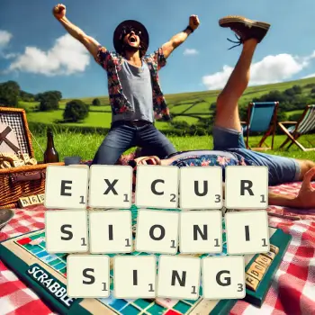 Creative illustration for a Scrabble game with the word EXCURSIONISING spelled out in tiles on the board.