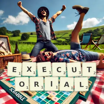 Creative illustration for a Scrabble game with the word EXECUTORIAL spelled out in tiles on the board.