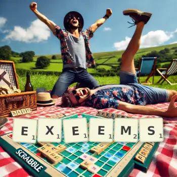 Creative illustration for a Scrabble game with the word EXEEMS spelled out in tiles on the board.