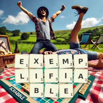 Creative illustration for a Scrabble game with the word EXEMPLIFIABLE spelled out in tiles on the board.