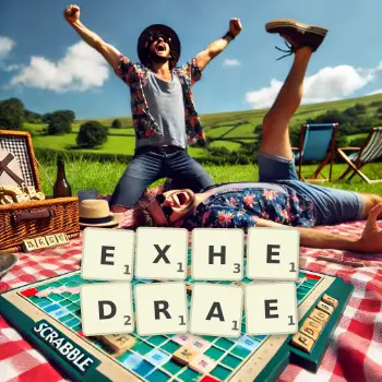 Creative illustration for a Scrabble game with the word EXHEDRAE spelled out in tiles on the board.