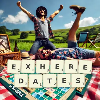 Creative illustration for a Scrabble game with the word EXHEREDATES spelled out in tiles on the board.
