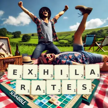 Creative illustration for a Scrabble game with the word EXHILARATES spelled out in tiles on the board.
