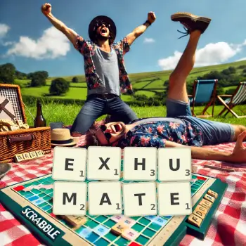 Creative illustration for a Scrabble game with the word EXHUMATE spelled out in tiles on the board.