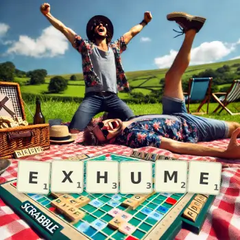 Creative illustration for a Scrabble game with the word EXHUME spelled out in tiles on the board.