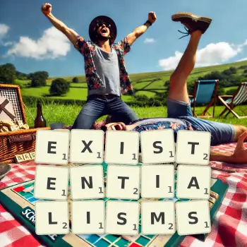 Creative illustration for a Scrabble game with the word EXISTENTIALISMS spelled out in tiles on the board.