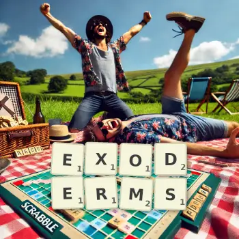 Creative illustration for a Scrabble game with the word EXODERMS spelled out in tiles on the board.