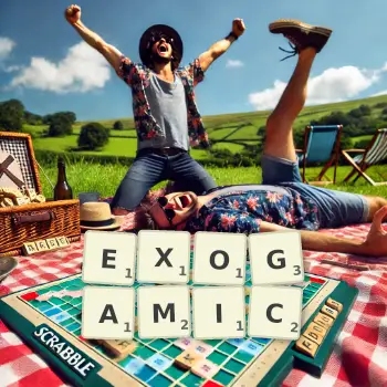 Creative illustration for a Scrabble game with the word EXOGAMIC spelled out in tiles on the board.