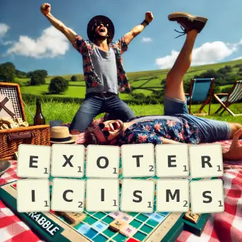 Creative illustration for a Scrabble game with the word EXOTERICISMS spelled out in tiles on the board.