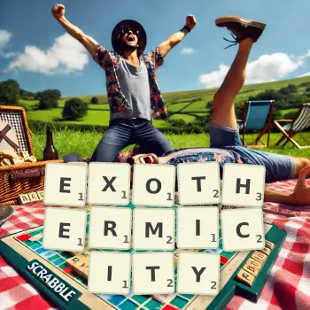 Creative illustration for a Scrabble game with the word EXOTHERMICITY spelled out in tiles on the board.