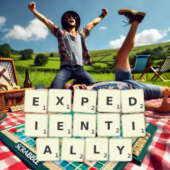 Creative illustration for a Scrabble game with the word EXPEDIENTIALLY spelled out in tiles on the board.