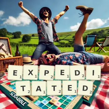 Creative illustration for a Scrabble game with the word EXPEDITATED spelled out in tiles on the board.