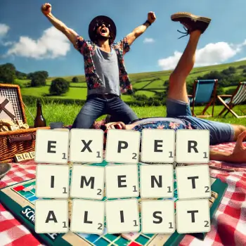 Creative illustration for a Scrabble game with the word EXPERIMENTALIST spelled out in tiles on the board.