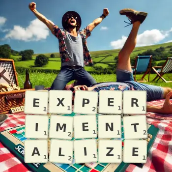 Creative illustration for a Scrabble game with the word EXPERIMENTALIZE spelled out in tiles on the board.