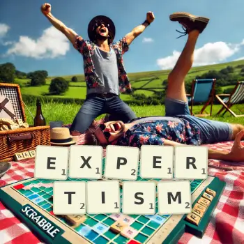 Creative illustration for a Scrabble game with the word EXPERTISM spelled out in tiles on the board.